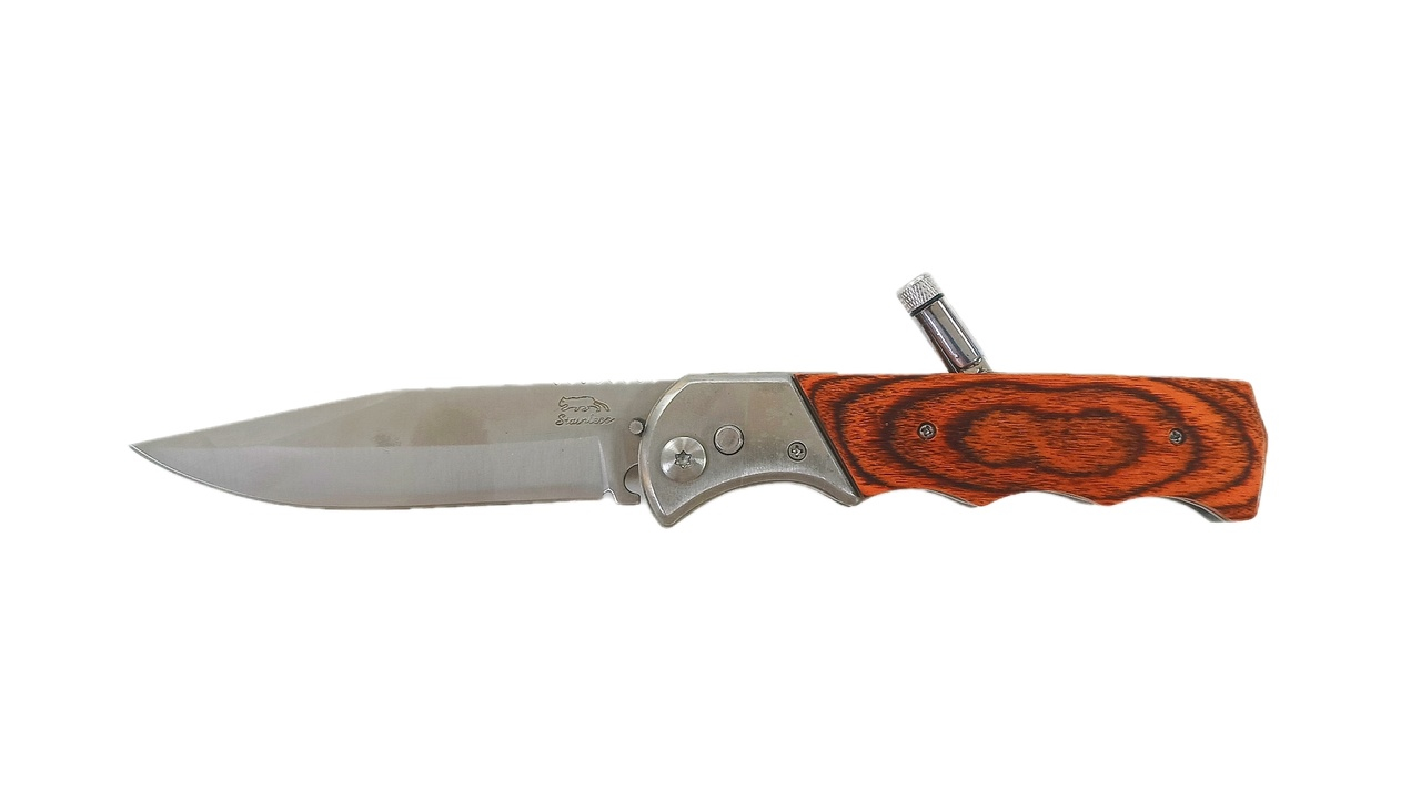 Нож Stainless выкидной, c фонариком,длина-24 см, ручка под дерево-13 см,с фиксат.,в чехле (650АВ)